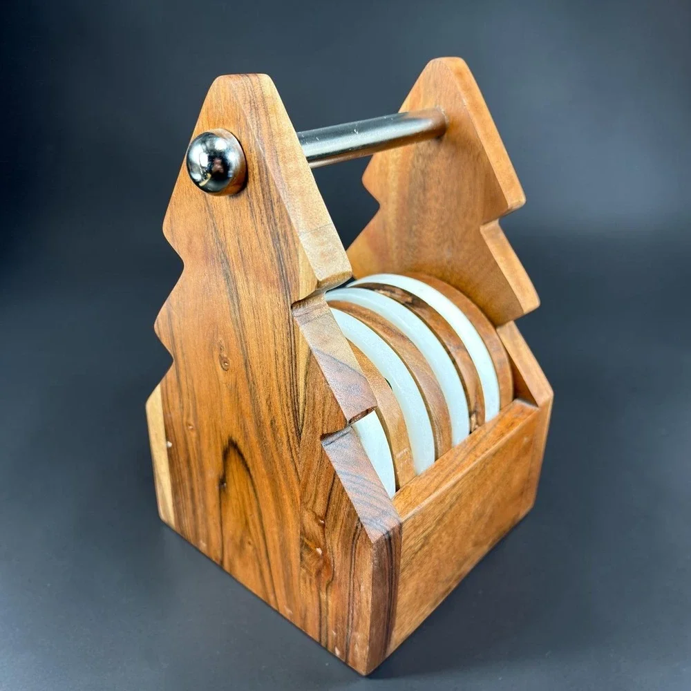 Wood and White Marble Coaster Set of 8 with Tree Shaped Caddy Holder Rustic MCM